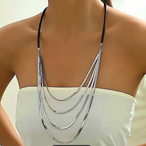 Multilayer Sterling Silver Herringbone Flat Snake Necklace - Picture 1 of 2